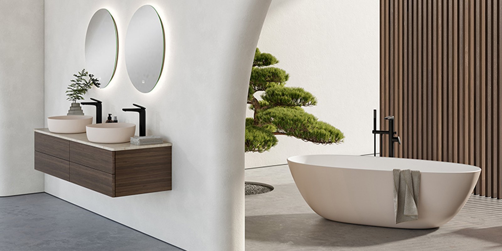 Ein Badezimmer mit einer Freistehenden Badewanne und einem Baum